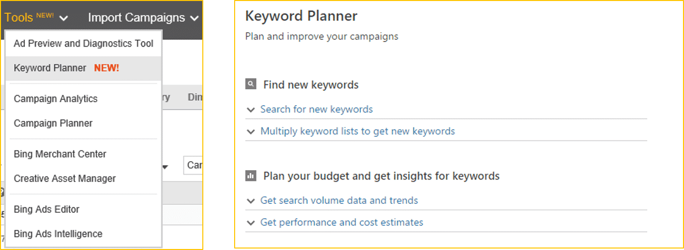 Bing hat den keyword planner überarbeitet