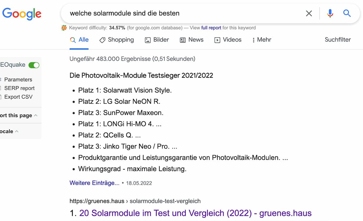 Google Suchergebnisse Solar
